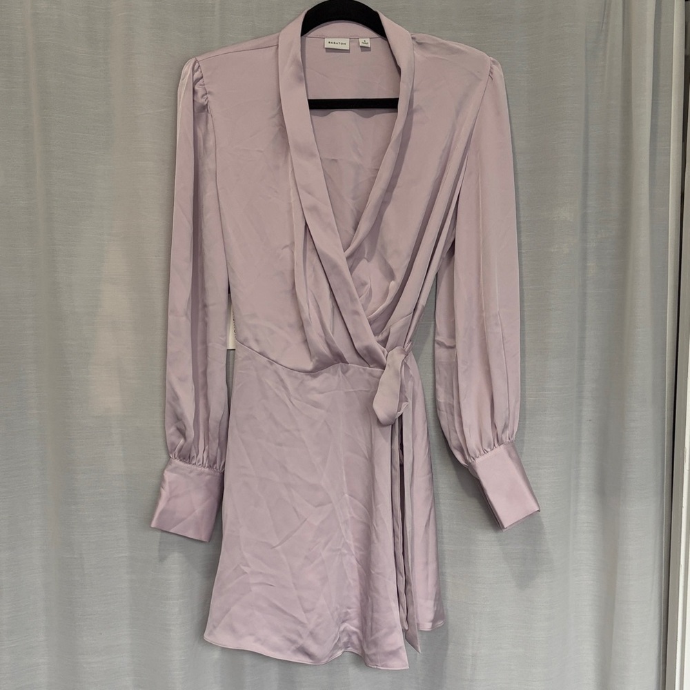 (D17) NWT Babaton Hyde Mini Lavender Wrap Mini Dress with Tie Waist Sz. S $158